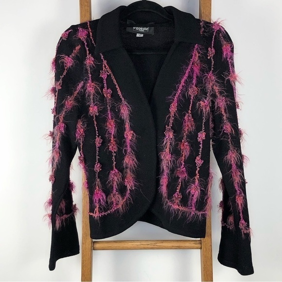 VINTAGE Egoiste black & pink feather blazer midi skirt suit size 4 - Picture 4 of 17